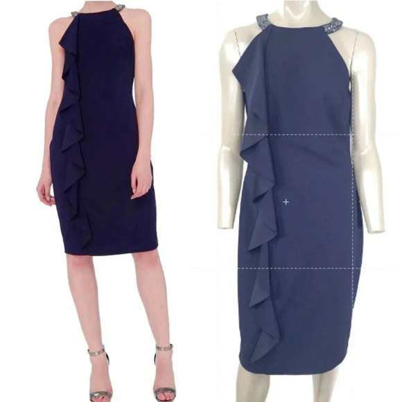 Lauren Ralph Lauren Halter Beaded Cocktail Pencil Dress Women Size 8 Blue Ruffle - Picture 1 of 15